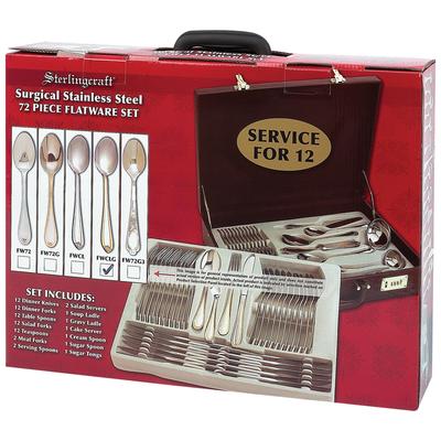 Sterlingcraft® High-Quality, Heavy-Gauge Stainless Steel 72pc Flatware and Hostess Set with Gold Trim